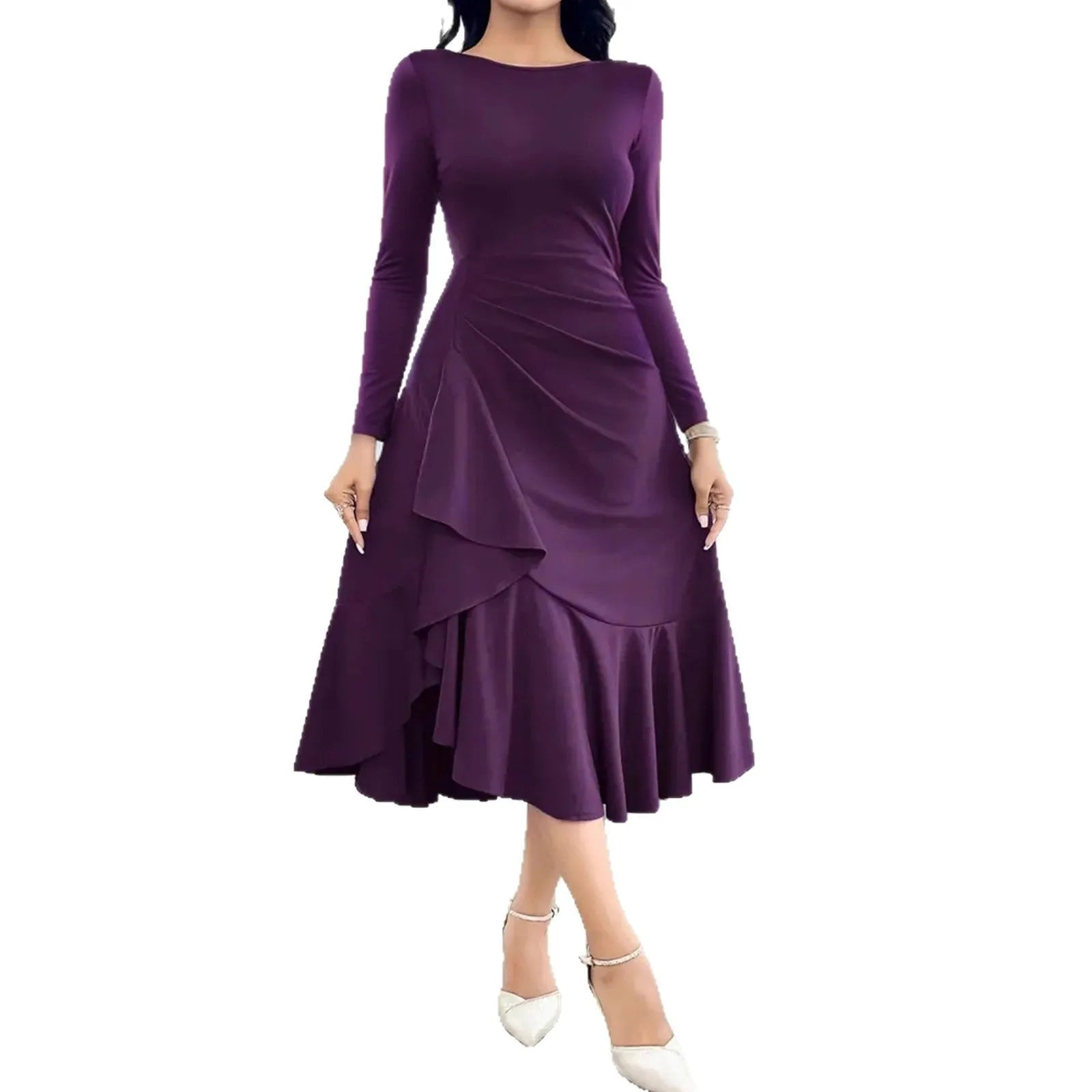 Purple women's long sleeve dress with round neck, mid waist, and ruffle detail on a hanger.