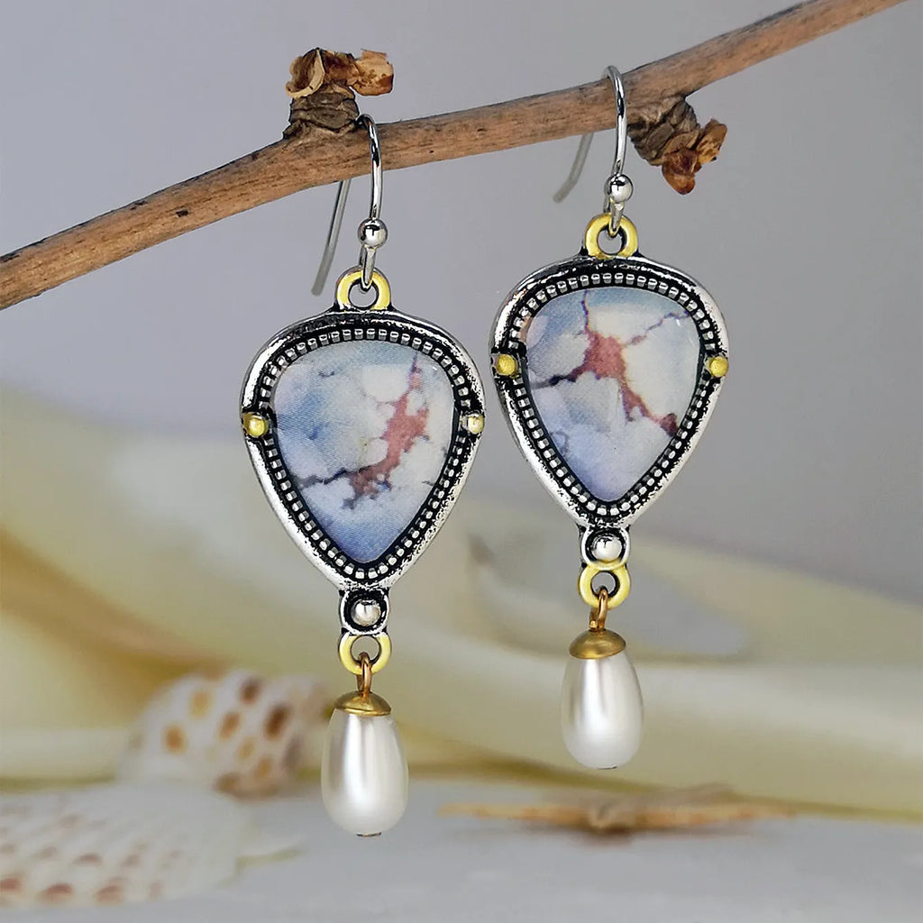 Lavender turquoise blue and white pearl drop earrings with electroplated metal geometric design