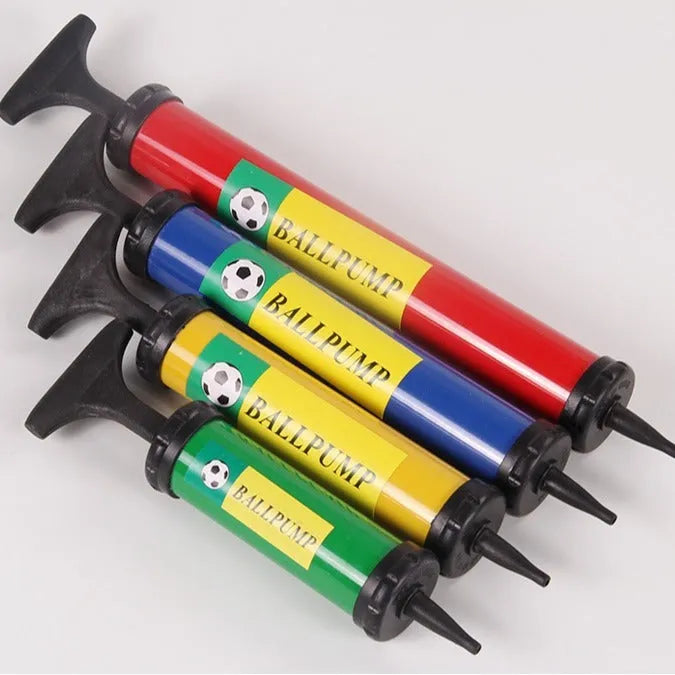 Manual high-pressure plastic pump for inflating sports balls and balloons in mixed colours.