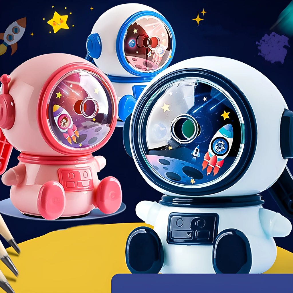 Blue astronaut cartoon pencil sharpener with manual operation and anti-jam mechanism