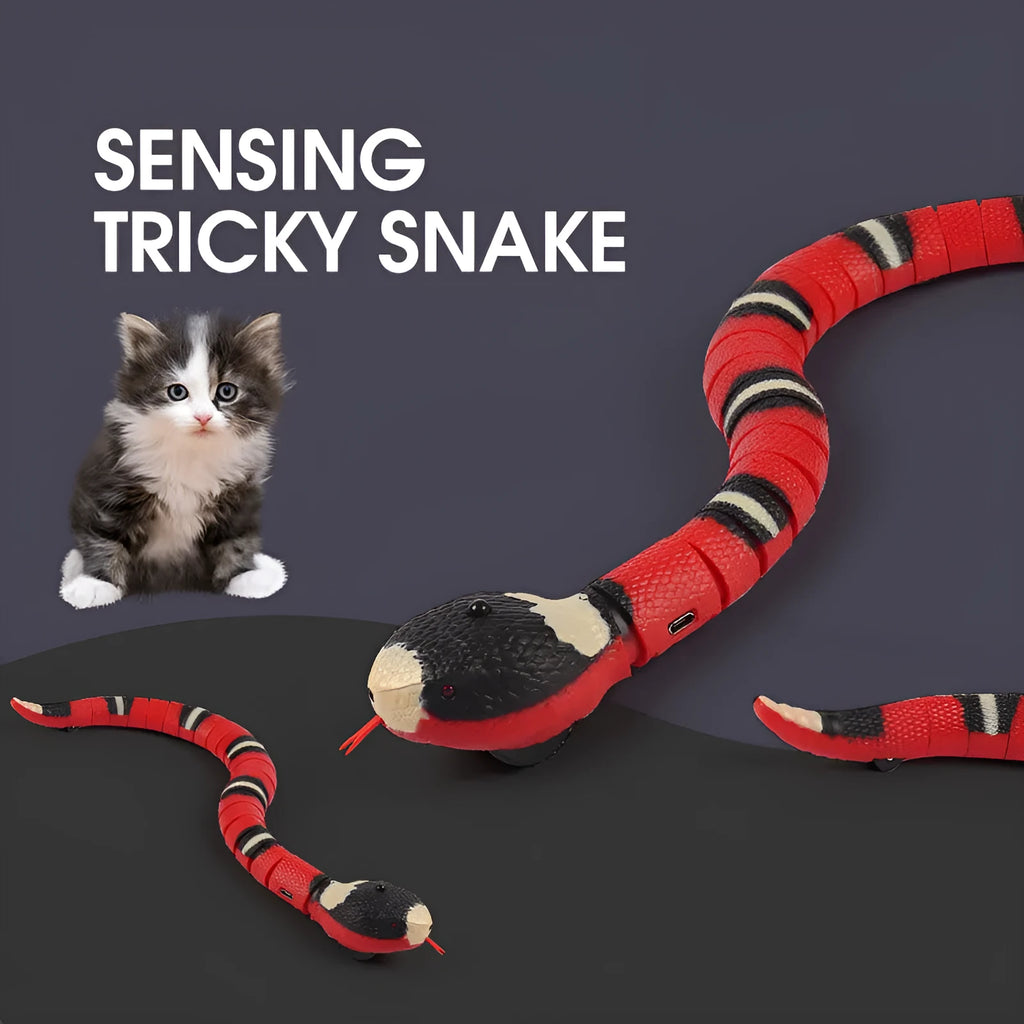 Smart sensing electronic snake cat toy with segmented body on floor