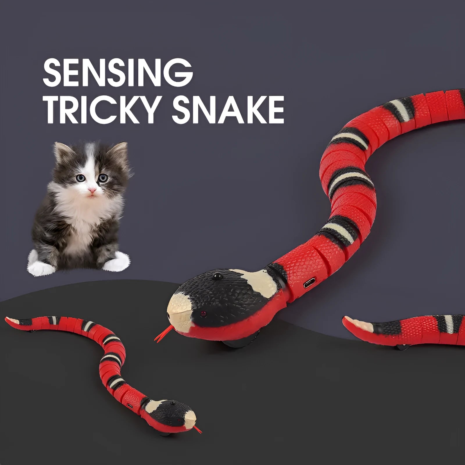 Smart sensing electronic snake cat toy with segmented body on floor