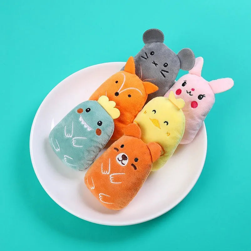 Four assorted colour catnip chewing toys for cats with plush construction