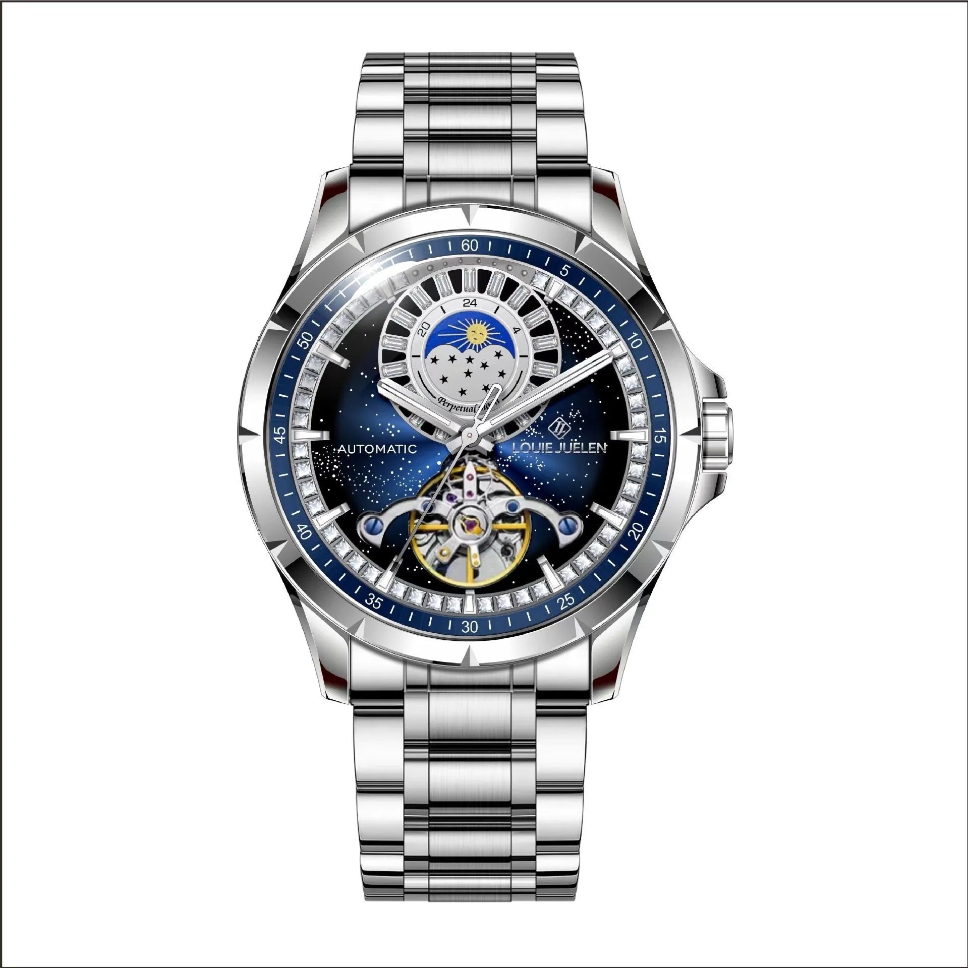 Men's silver alloy automatic watch with a blue circular dial on a stainless steel bracelet with a butterfly clasp.