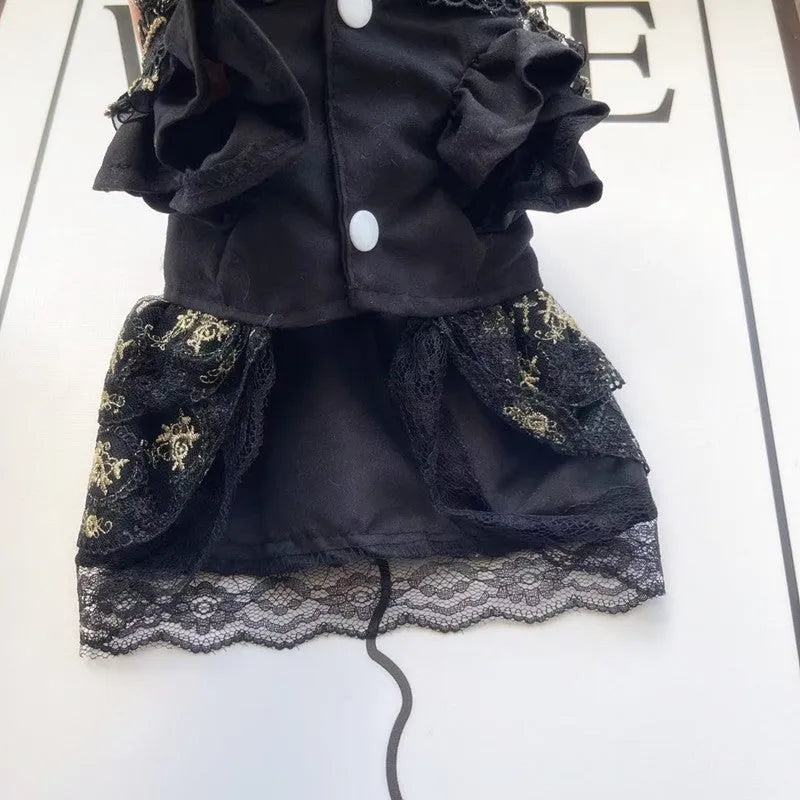 Golden Gothic princess skirt costume for a small dog or cat on a mannequin