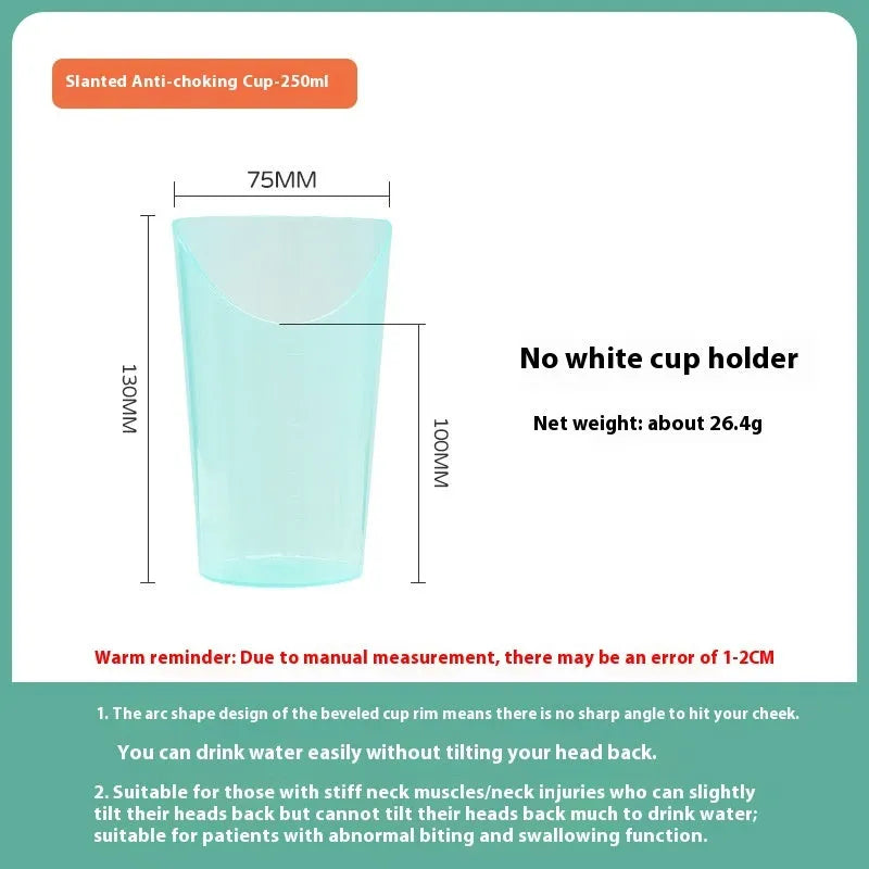 Bedside choke-proof drinking cup with slanted mouth and optional wrist strap for elderly and pregnant women