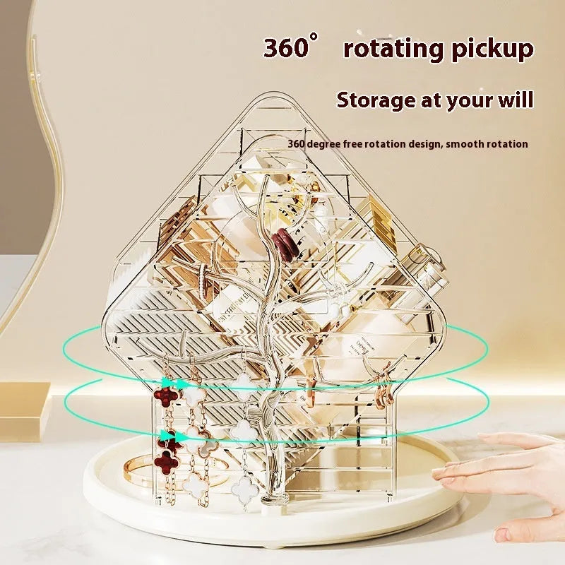 Clear and amber gold rotating plastic cosmetics storage box on a vanity.