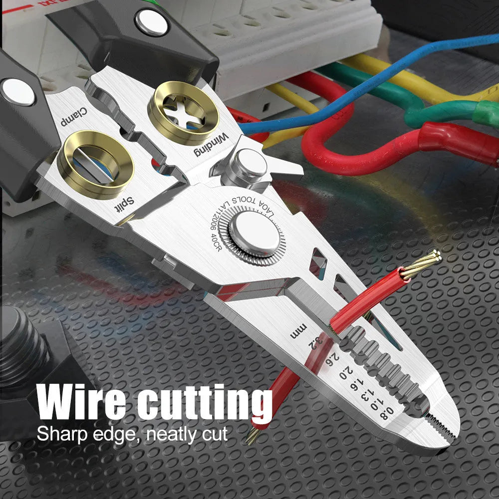Stainless steel wire stripper tool with seven stripping apertures and two-colour handle