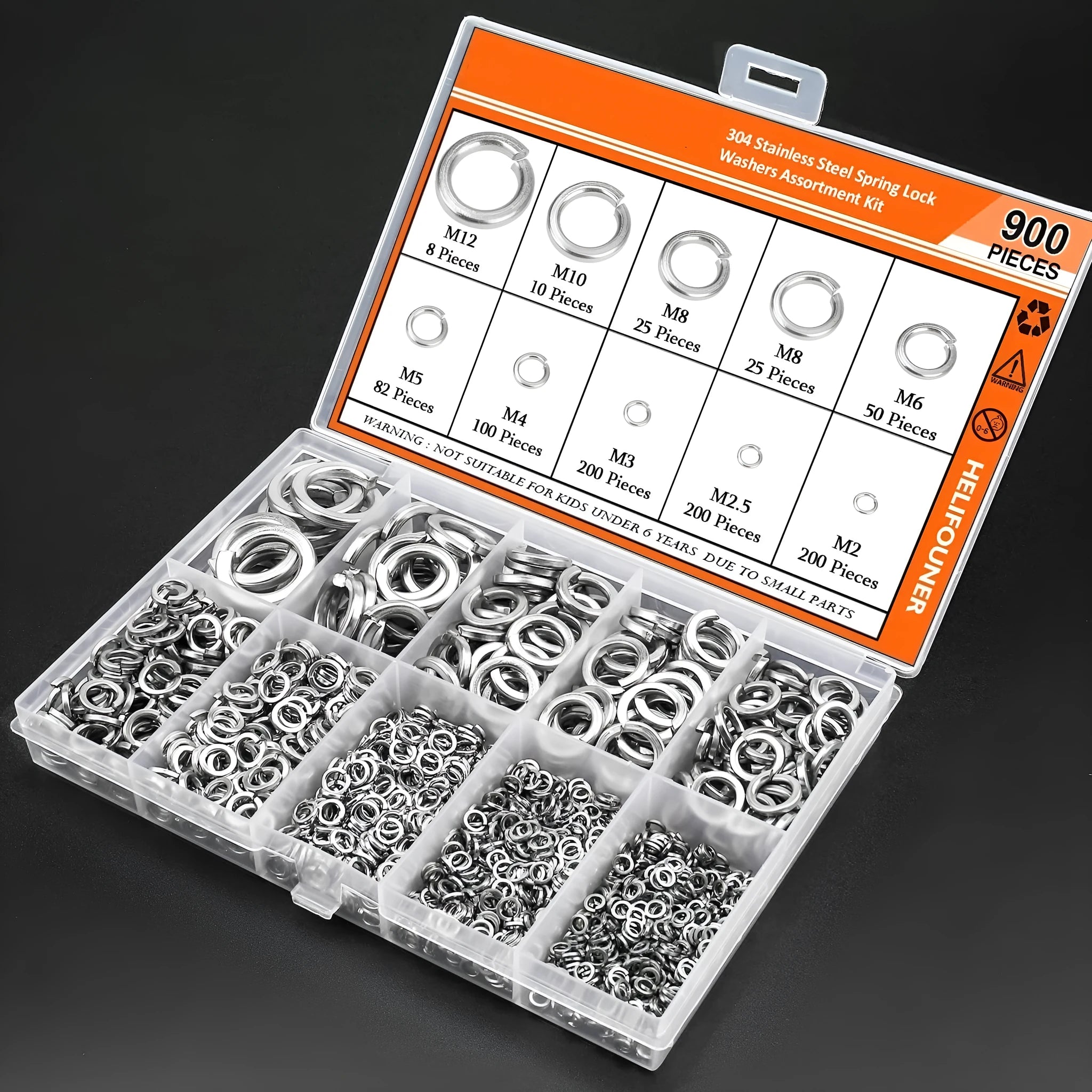 304 stainless steel spring lock washer combination box containing 900 pieces with 2-12mm diameter range