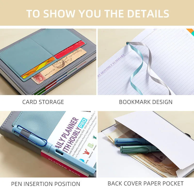 A5 no-date notebook with thread-bound spine and PU cover, shown in multiple colour options.