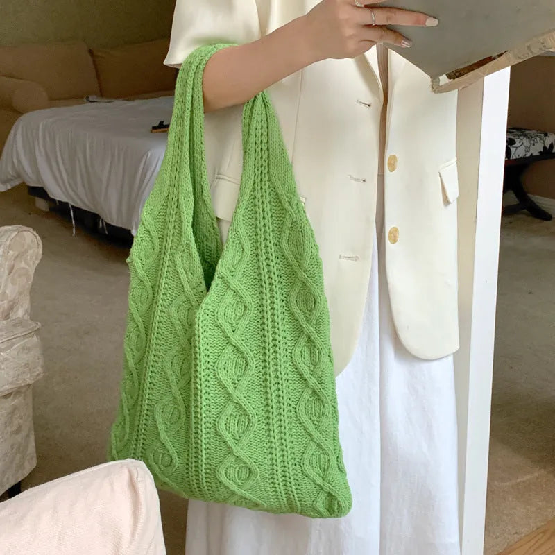 Women's retro crochet knitted woolen yarn shoulder tote bag showing hollow texture and double straps