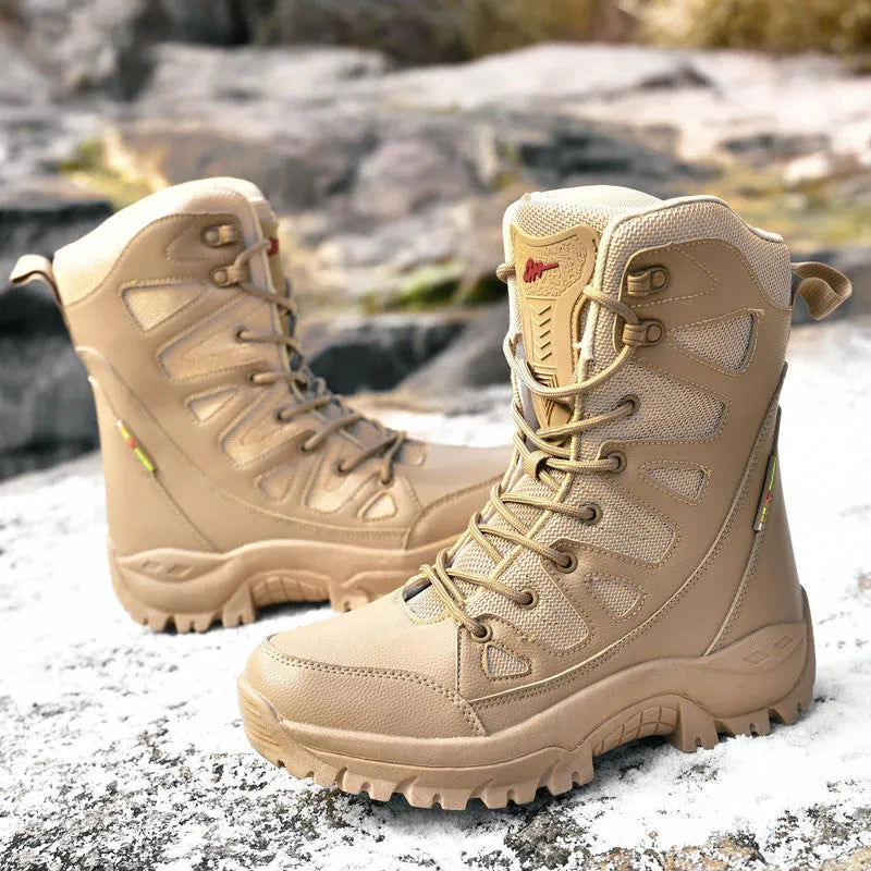 Cowhide leather hi-top hiking shoes in black, brown, and beige colours for outdoor activities
