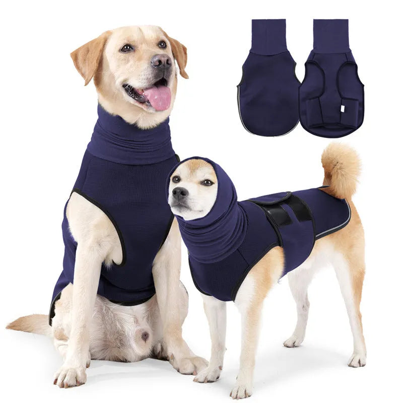 Dog wearing army green anti-anxiety jacket for stress relief during thunderstorms or travel
