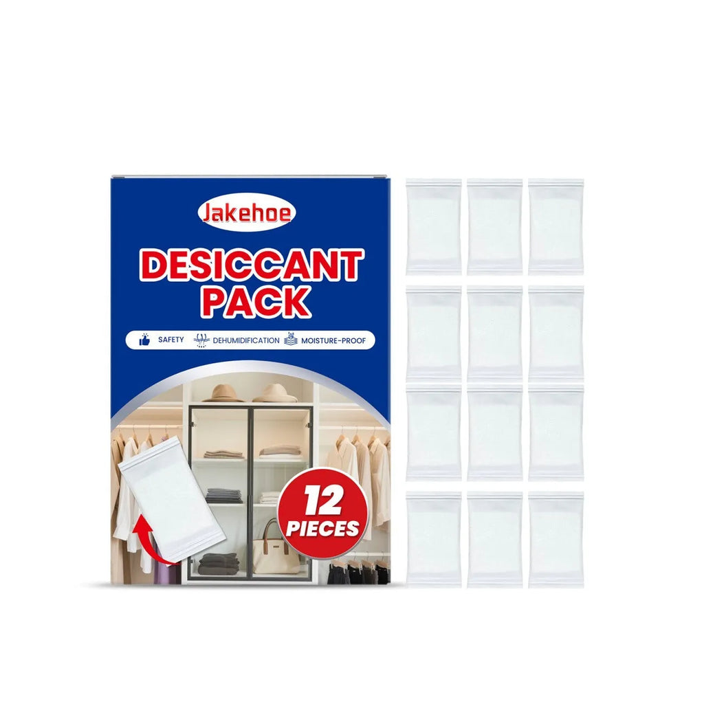 Pack of 12 white calcium chloride anti-odour desiccant bags for home moisture control.