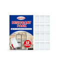 Pack of 12 white calcium chloride anti-odour desiccant bags for home moisture control.