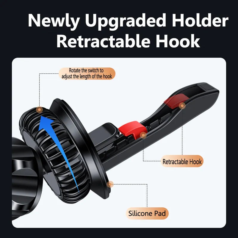 Car air vent magnetic phone holder with snap-on bracket in black and silver colour options