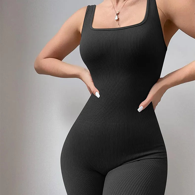 Women's long sleeve spandex suspender tank top tights with a button detail waistband.
