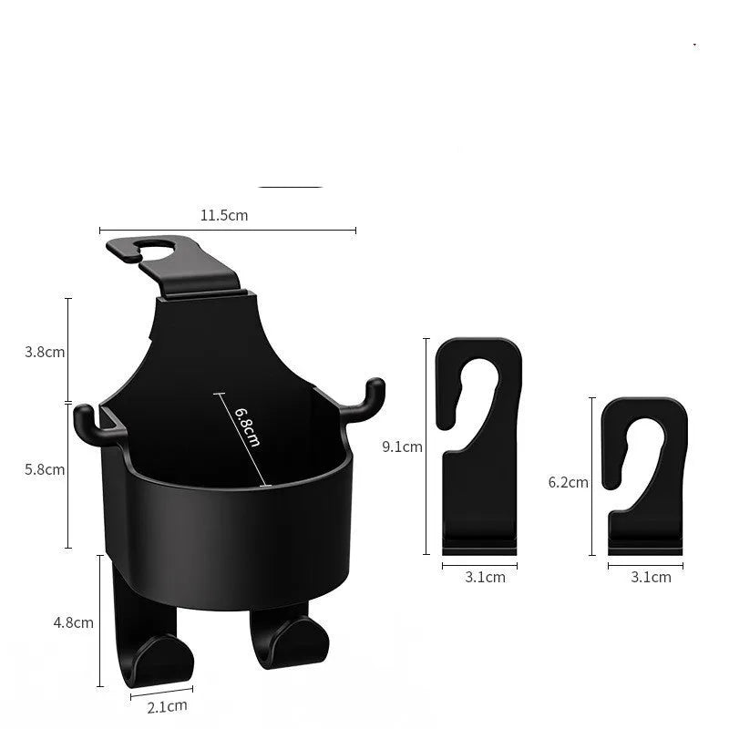 Black plastic car seat back organiser with cup holder and storage hooks