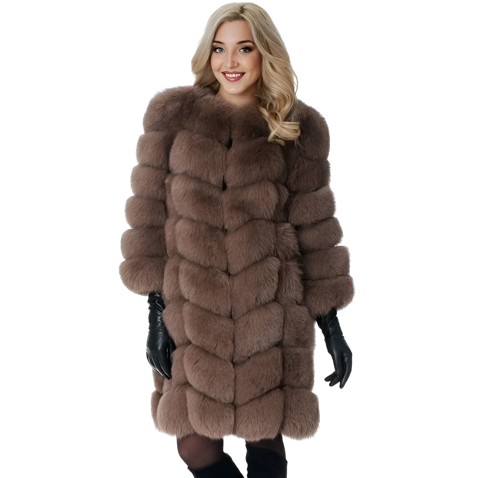 Women's long black artificial fur winter coat with regular sleeves on a hanger.