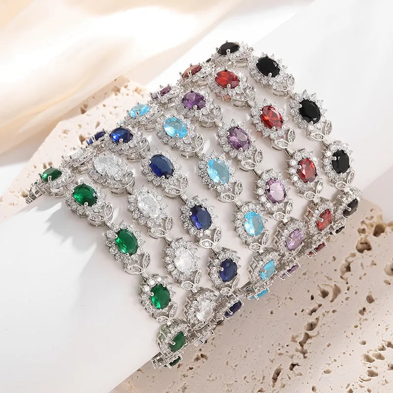 Personality Trend women's simple zircon bracelet in environmentally friendly alloy, shown in one of nine gemstone colour options.