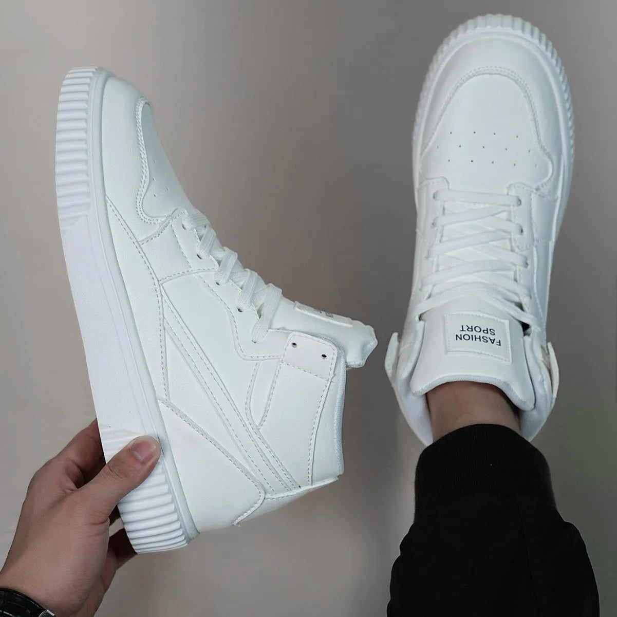 White men's round-toe casual shoes with a microfiber upper on a plain background.