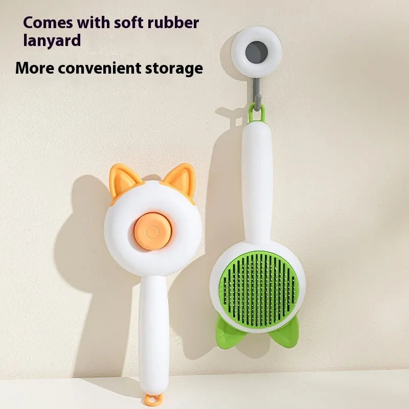 Self-cleaning cat grooming comb with stainless steel teeth in greenish white colour