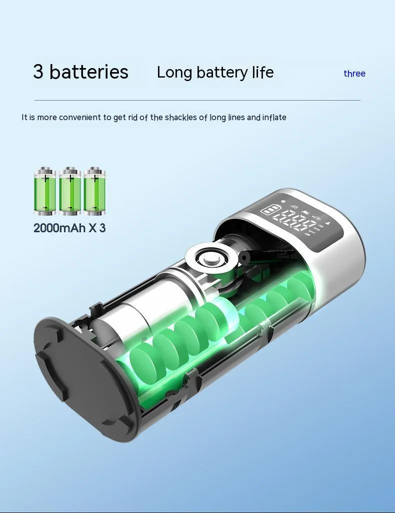 Black portable wireless air pump with USB charging cable and multiple nozzle attachments including bicycle, ball, and swimming ring connectors