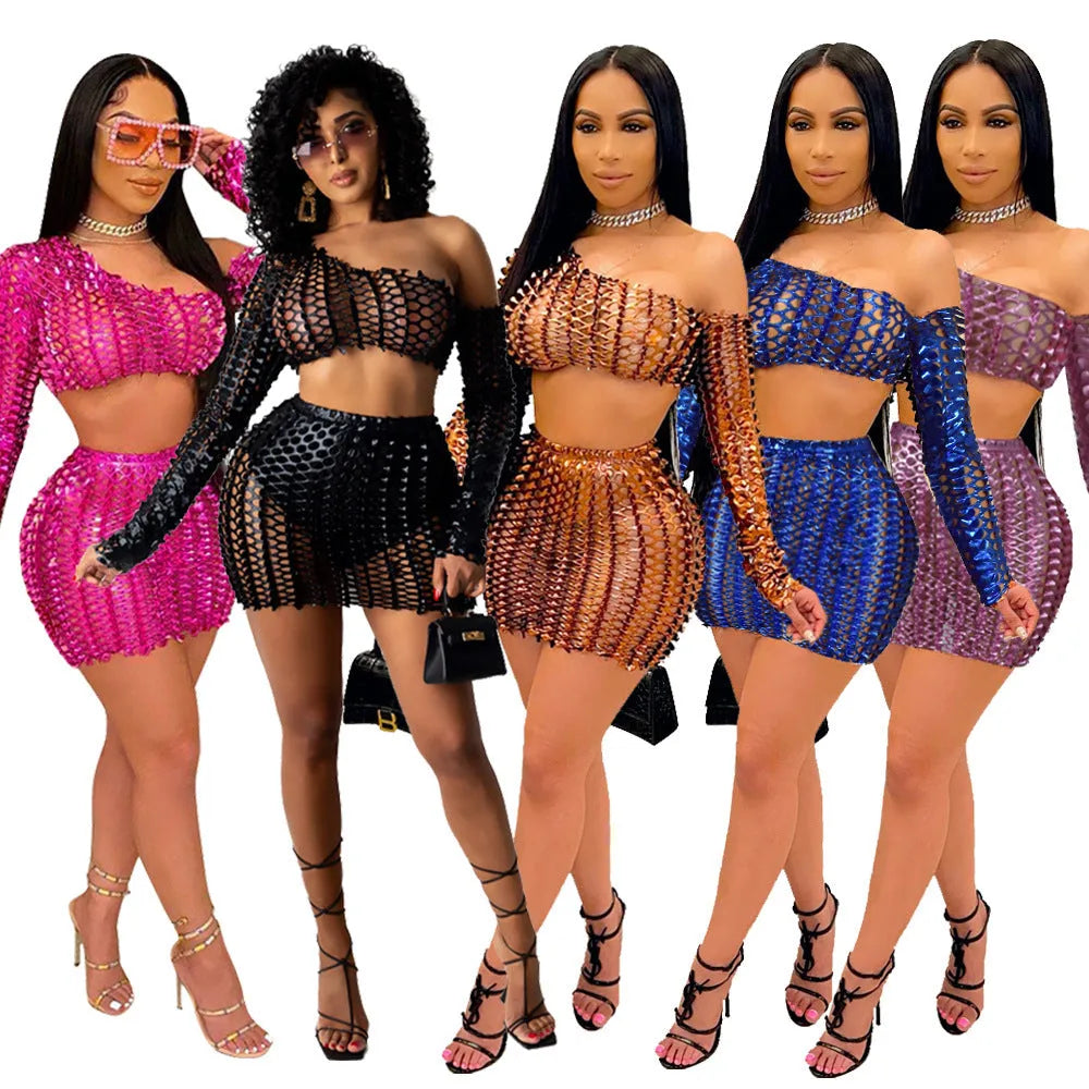 Women's black hollow-out net dress two-piece set with sleeveless top and short skirt.