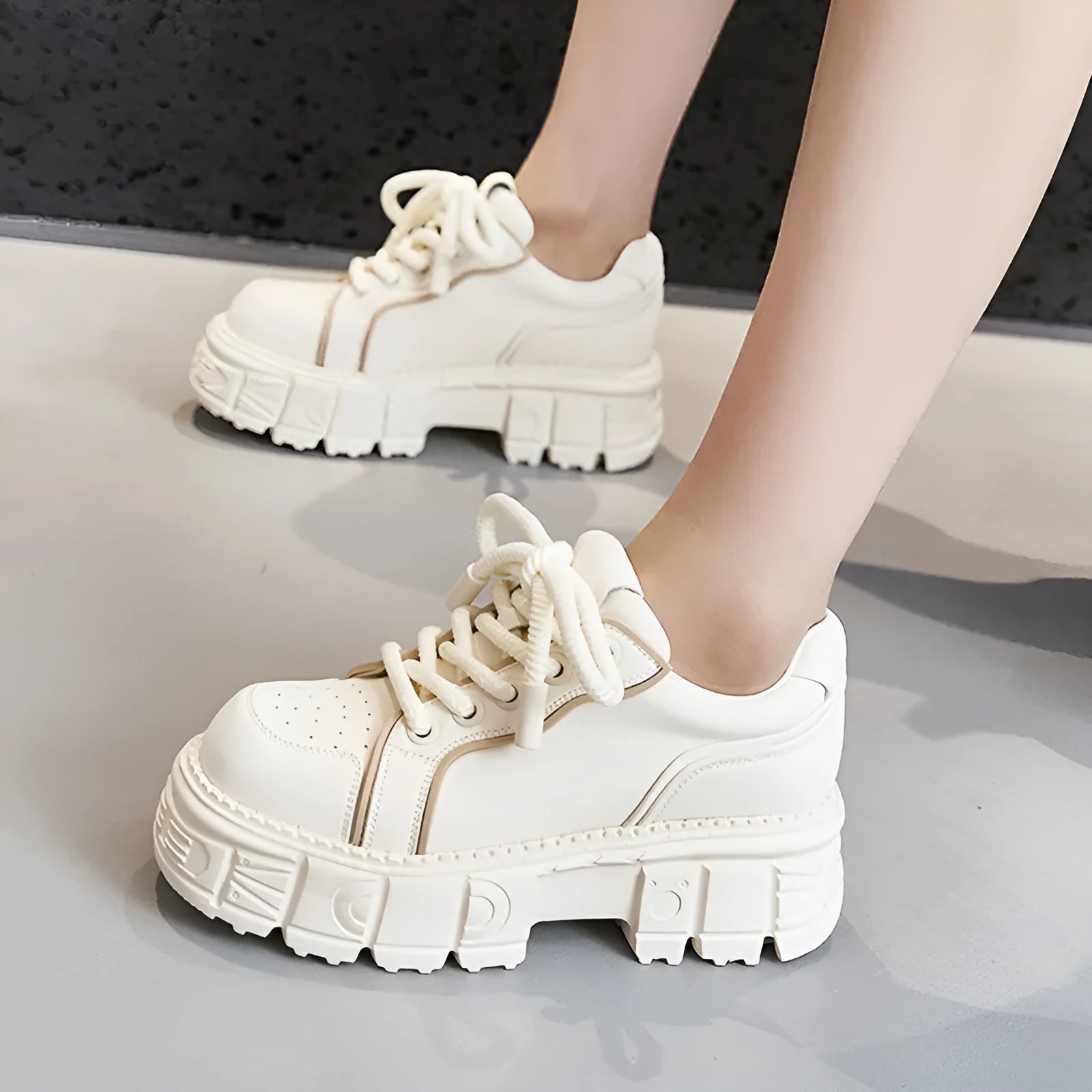 Women's beige leather casual shoes with muffin bottom design and rubber foam soles