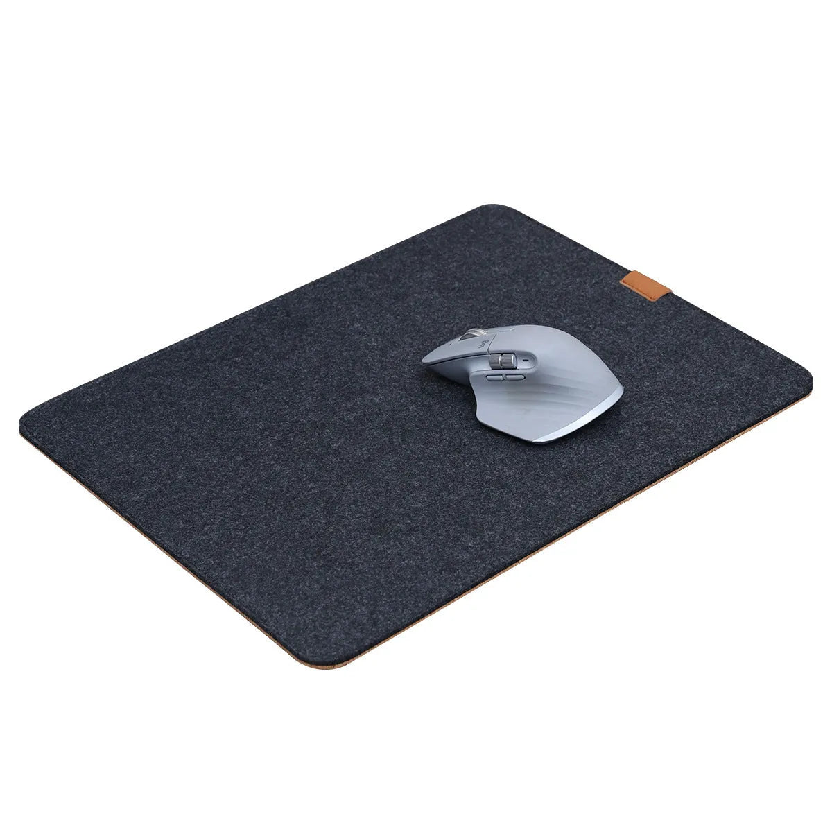Winter warm grey and black felt desk mouse mat with cork non-slip base on a wooden table.