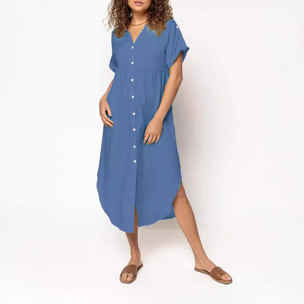 Casual button-front mid-length dress in solid colour with loose fit and regular sleeves
