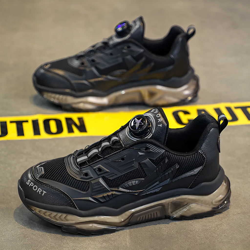 Men's black casual shoes with rotating button closure and platform sole design