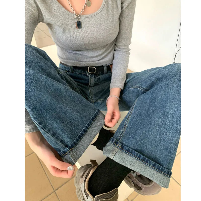 Women's high waist straight leg jeans in retro blue cotton denim fabric