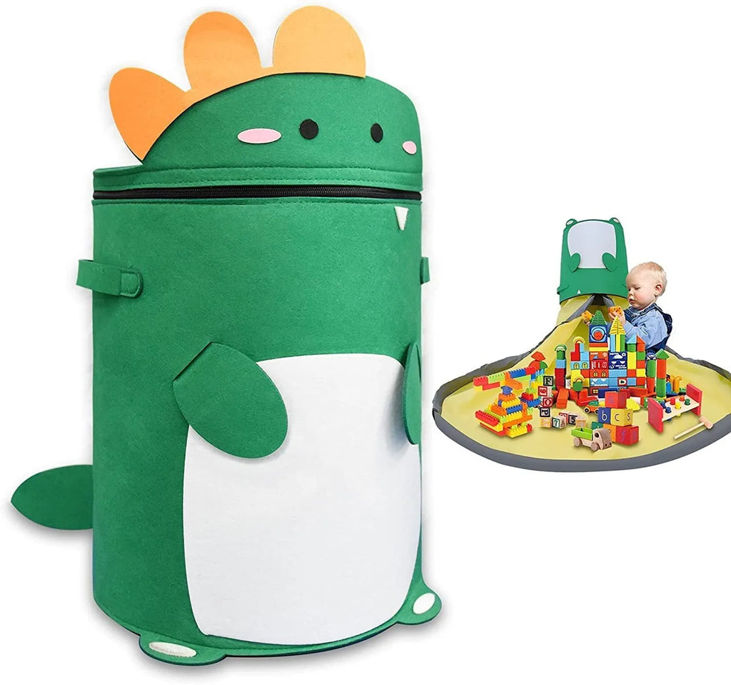 Green felt cube storage bag transformed into flat play mat with pull rope