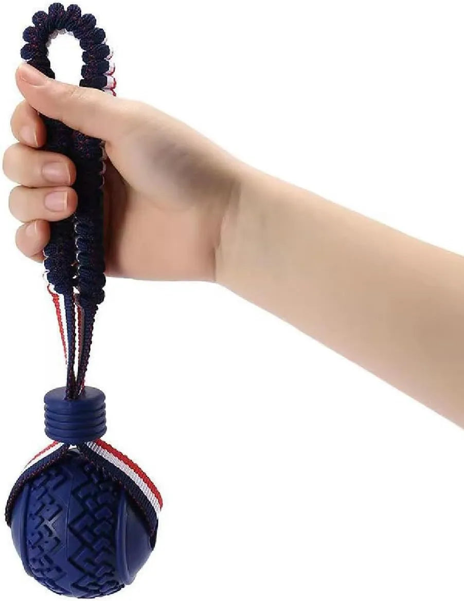 Blue and red dog toy with a rubber ball on a rope for tug-of-war and teeth cleaning.