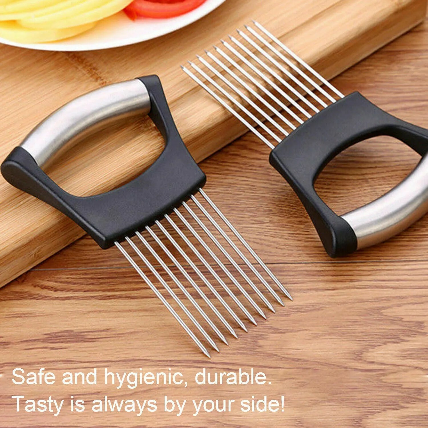 Stainless steel and ABS onion holder slicer for securing tomatoes and vegetables during cutting.