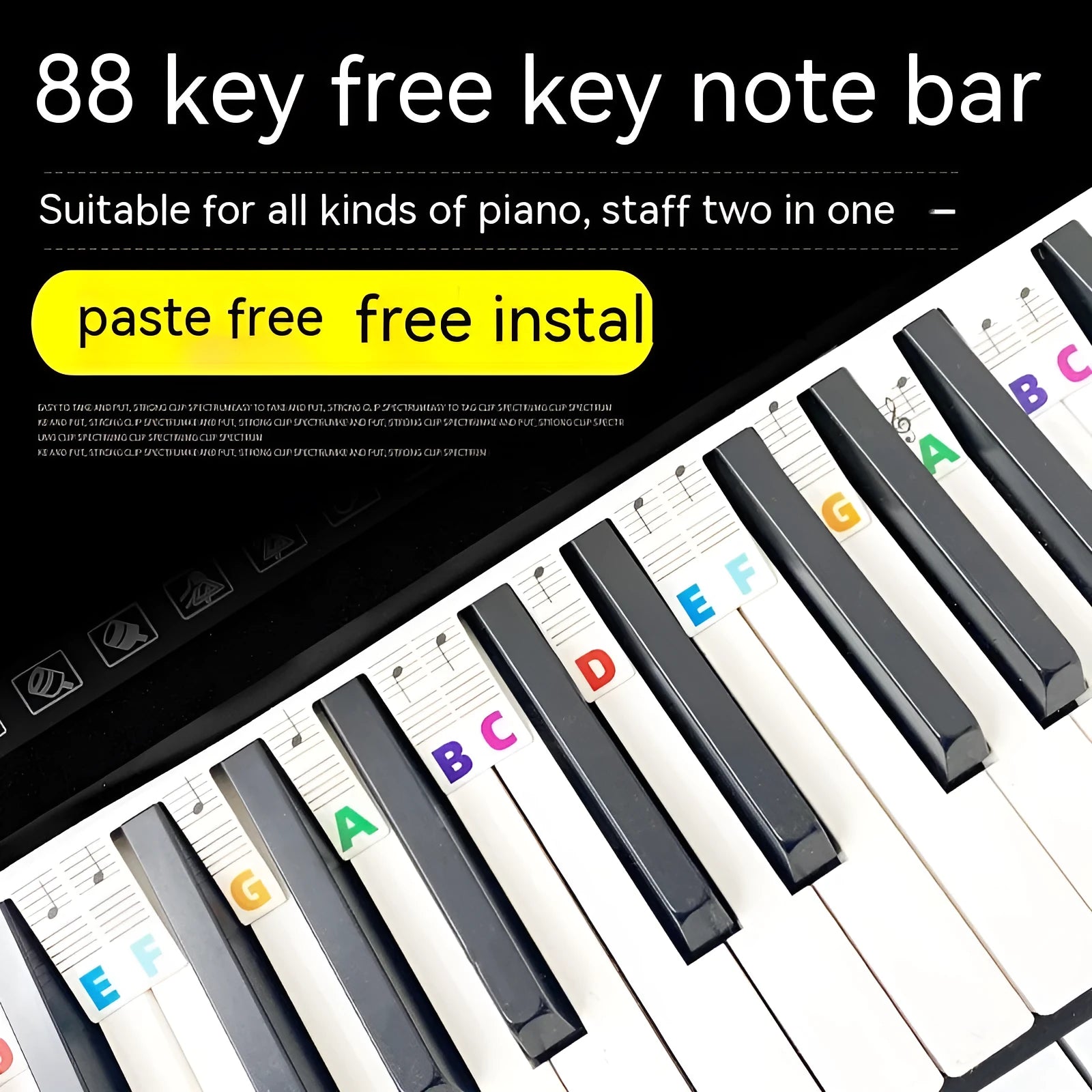 White card piano note bar stickers for 88-key keyboards with colour-coded notes and separate black note bag