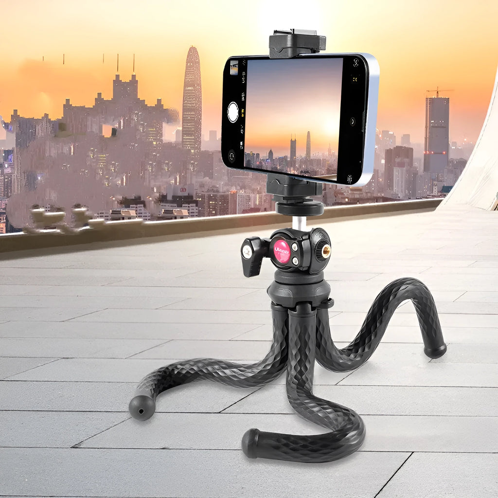 Black flexible octopus leg tripod with phone clip extended to 360mm length
