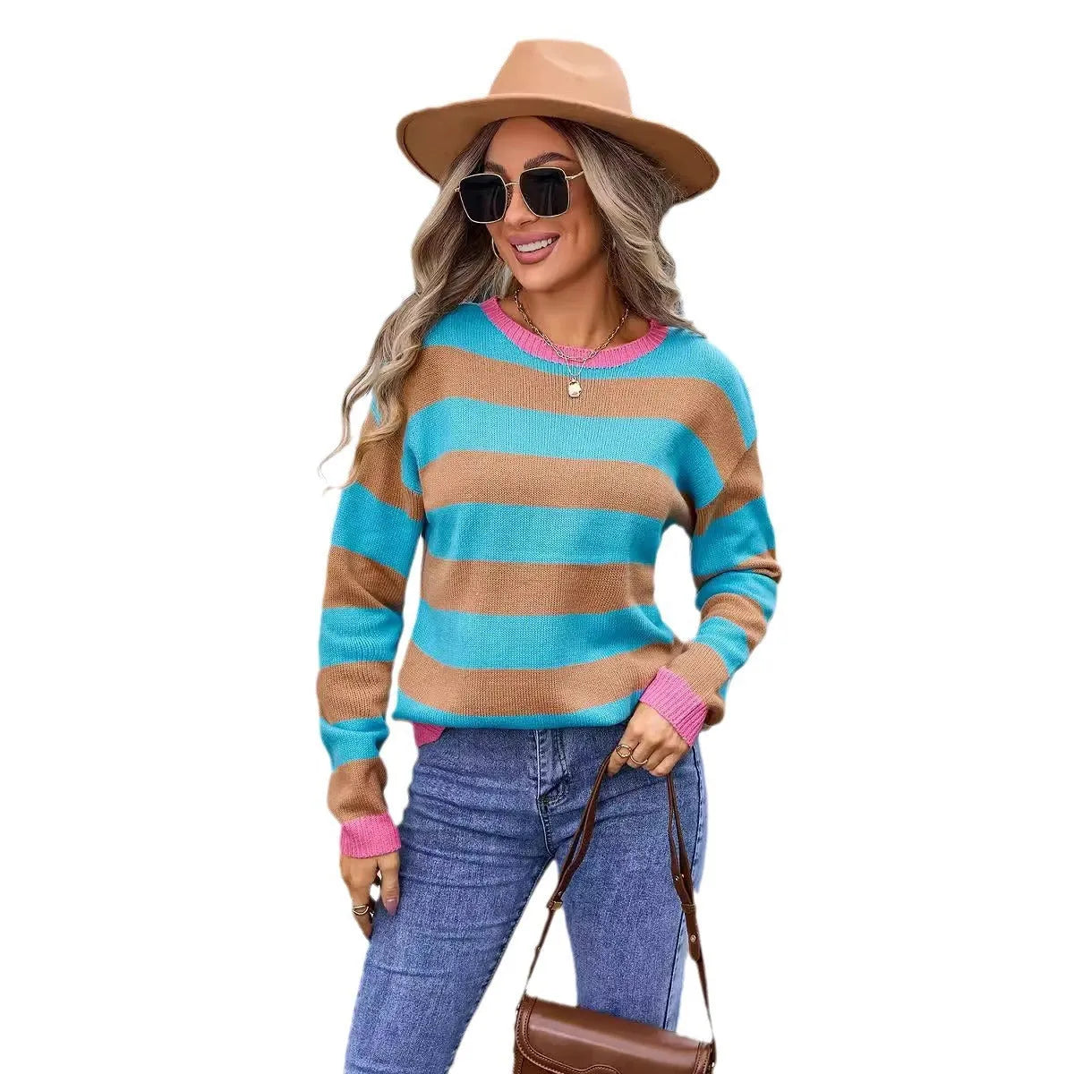 Women's loose striped acrylic sweater in blue with long sleeves and round neck