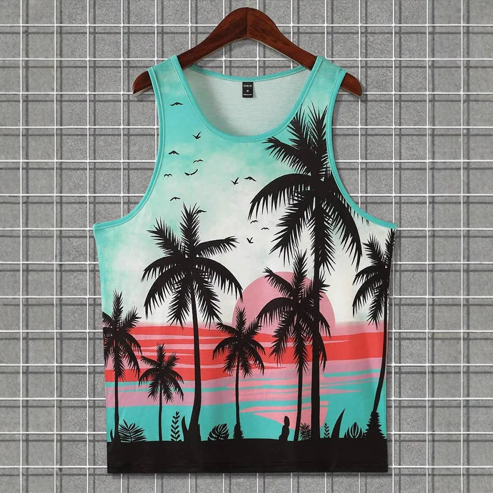 Men's Hawaiian style 3D printed sleeveless vest t-shirt in polyester fabric