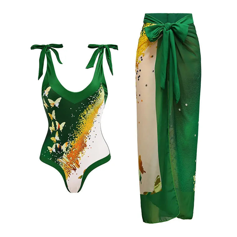 Women's solid colour one-piece swimsuit with spaghetti straps and matching skirt