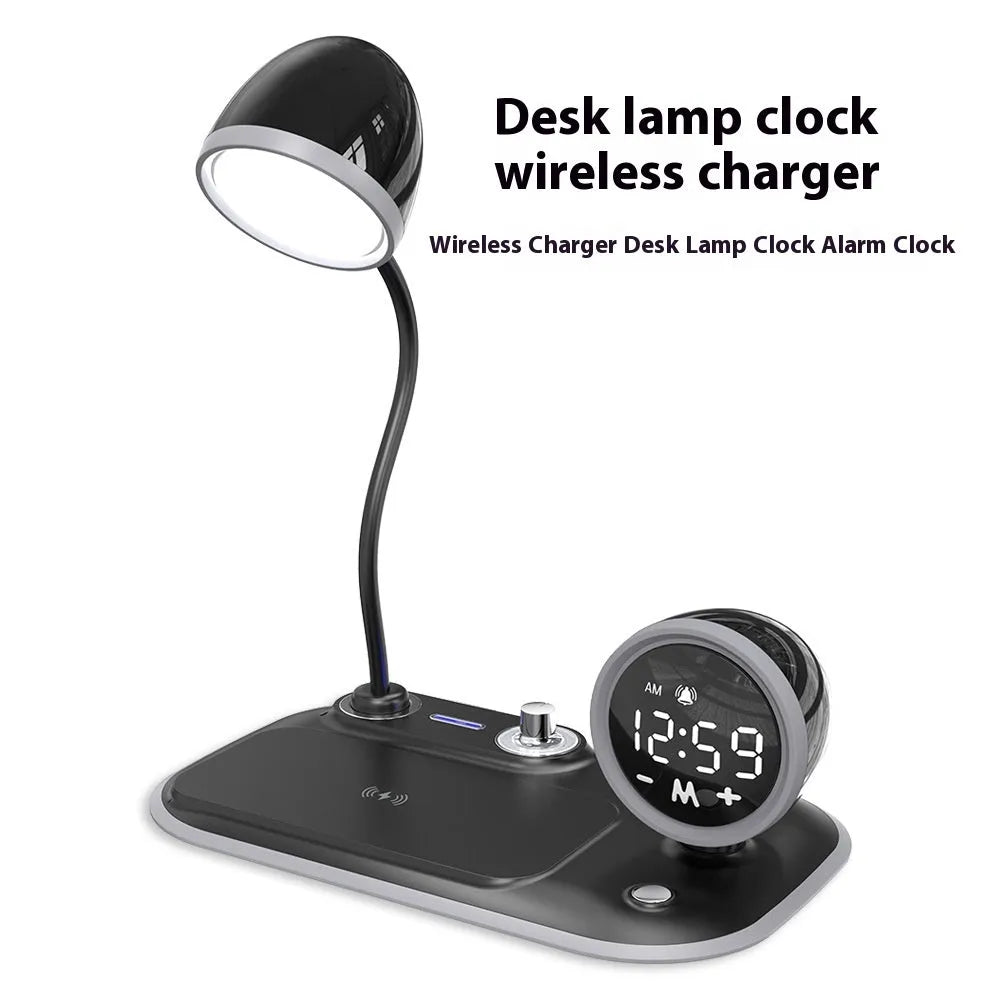 Three-in-one desktop unit combining digital clock, wireless charging pad, and eye protection desk lamp in white or black colour