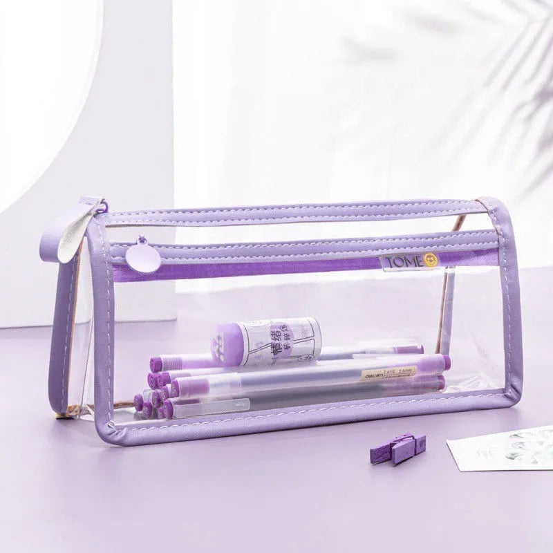 Transparent double-layer pencil case showing two compartments with zip closure