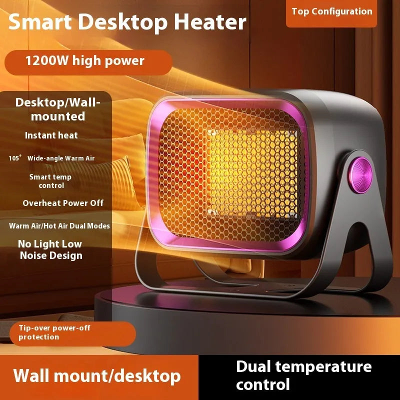 Compact white desktop ceramic heater with control buttons and rotatable base.