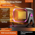Compact white desktop ceramic heater with control buttons and rotatable base.