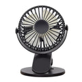 White USB rechargeable clip-on desk fan with plastic blades mounted on a surface edge.