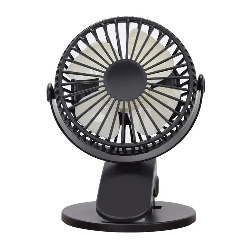 White USB rechargeable clip-on desk fan with plastic blades mounted on a surface edge.