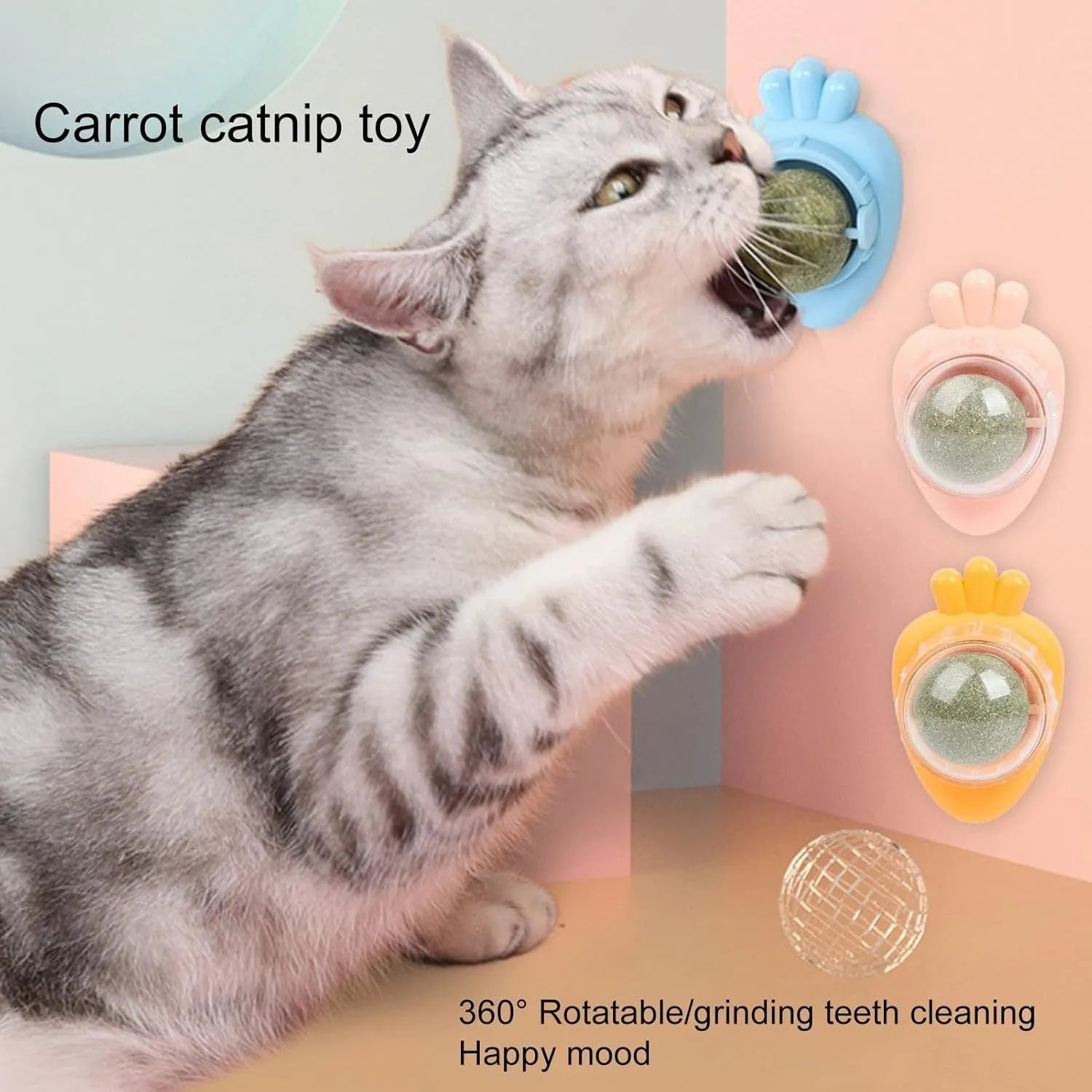 Blue carrot-shaped self-adhesive catnip ball toy for wall mounting and feline dental care.