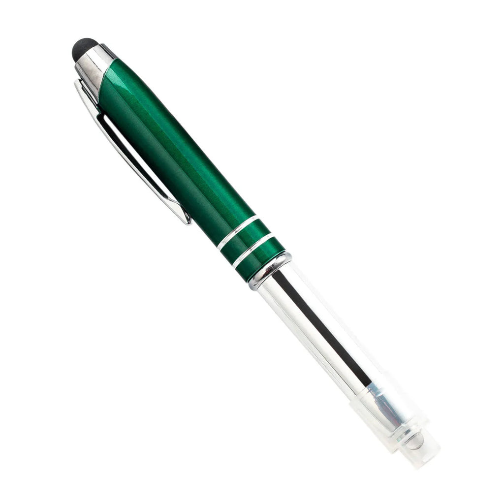 Red multifunctional metal ballpoint pen with capacitive stylus tip and LED light
