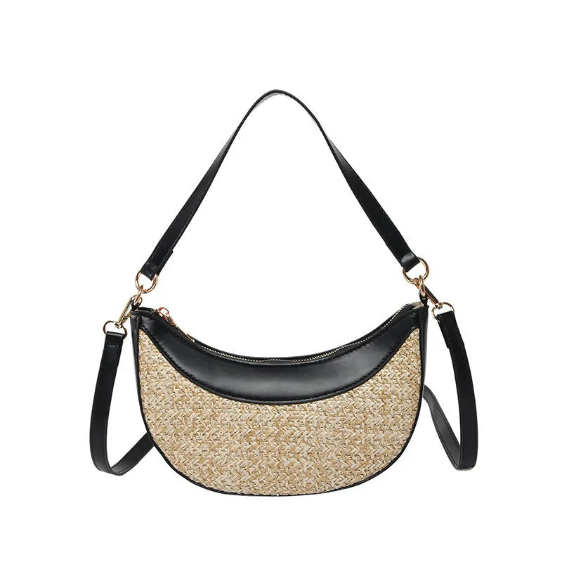 Straw dumpling-shaped crossbody bag with hard shell construction and contrast stitching details